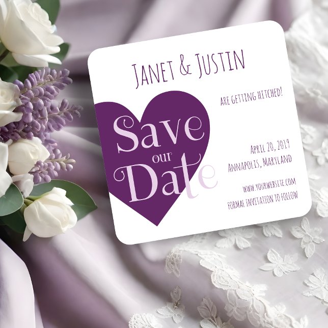 Reserve A Data Wedding Purple Heart Modern Minimalist (This design for Save the Date with a modern, milimalist and current style, with a vibrant purple.)