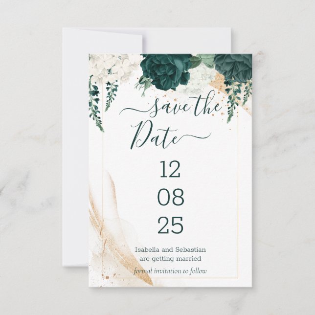Reserve A Data Wedding White Save the Date Emerald Green (Frente)