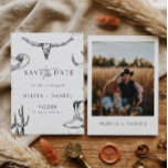 Reserve A Data Western Desert Country cowboy Photo Save The Date<br><div class="desc">Celebrate your love with this rustic western cowboy wedding save the date card. This design features hand-drawn western illustrations including a longhorn skull, cactus, cowboy boots, horseshoe, and hat on a warm terracotta background. Perfect for couples planning a country, ranch, or western themed wedding. The elegant typography combined with rustic...</div>