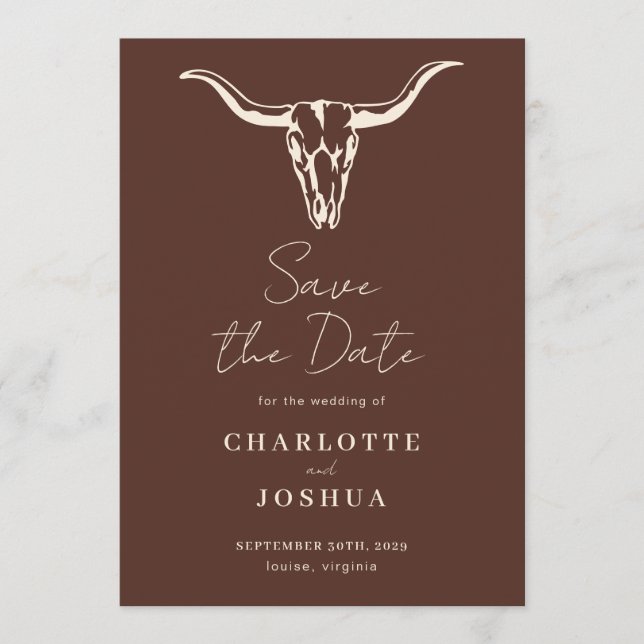 Reserve A Data Western Save the Date | Rustic Boho Cow Skull (Frente)