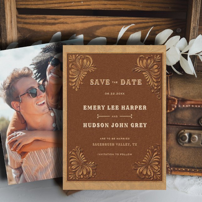 Reserve A Data Western Tooled Leather Rustic Photo Wedding (country rustic cowboy wedding save the date faux tooled leather terracotta rust western barn)
