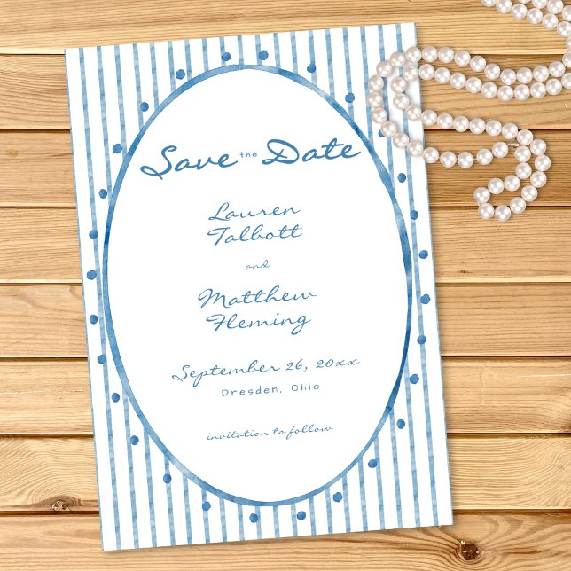 Reserve A Data Whimsical Blue Oval Watercolor Stripe Wedding (Whimsical Blue Oval Watercolor Stripe Save The Date)