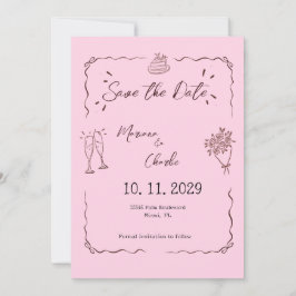 Reserve A Data Whimsical Pink Hand Drawn Illustrated Wedding 