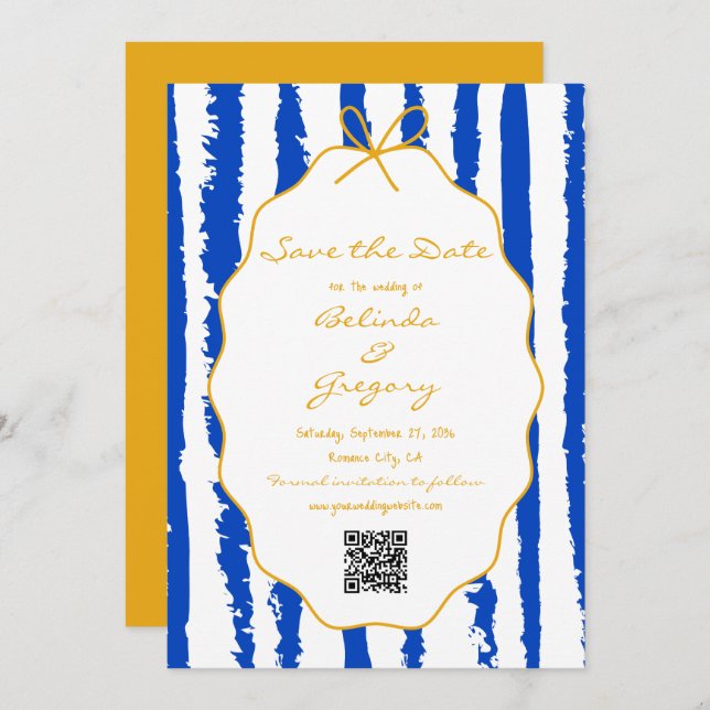 Reserve A Data Whimsical Stripes Handwritten Painted Wedding  (Frente/Verso)