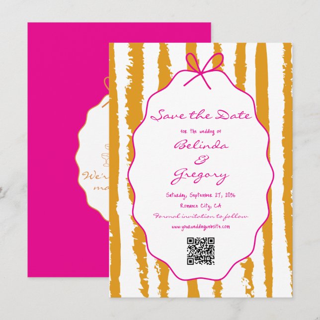 Reserve A Data Whimsical Stripes Handwritten Painted Wedding  (Frente/Verso)