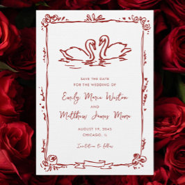 Reserve A Data Whimsical Swans Doodle Love Birds Red Wedding