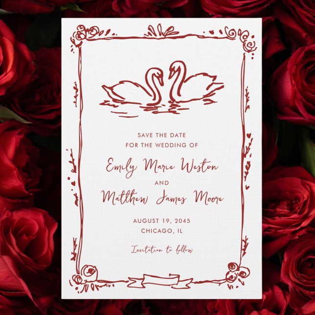 Reserve A Data Whimsical Swans Doodle Love Birds Red Wedding (Criador carregado)
