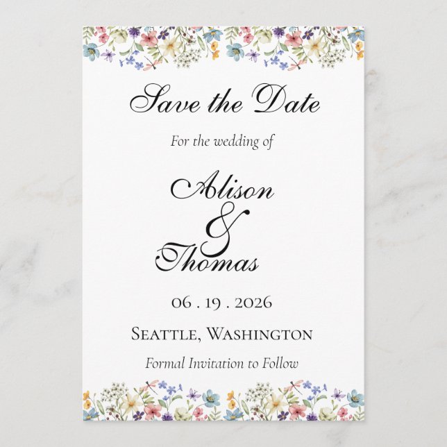 Reserve A Data Whimsical Wildflower Meadow Wedding Save The Date (Frente)