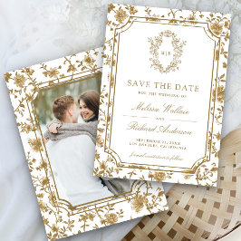 Reserve A Data White and Gold Chinoiserie Crest Photo Wedding