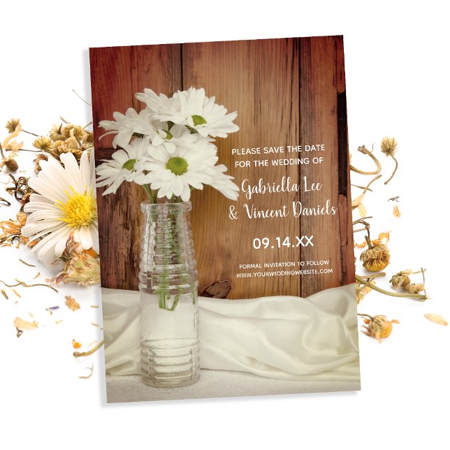 Reserve A Data White Daisies in Milk Bottle Casamento Salvar Data (Criador carregado)