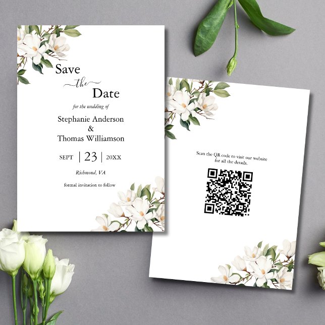 Reserve A Data White Floral Magnolias Greenery Código QR Casament (Elegant Classic White Magnolia Floral Greenery QR code Wedding Save the Date Card)
