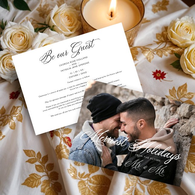 Reserve A Data White Modern Mr & Mr Happiest Holidays Christmas (White Modern Mr & Mr Happiest Holidays Christmas Couple Wedding Save the Date Cards.)