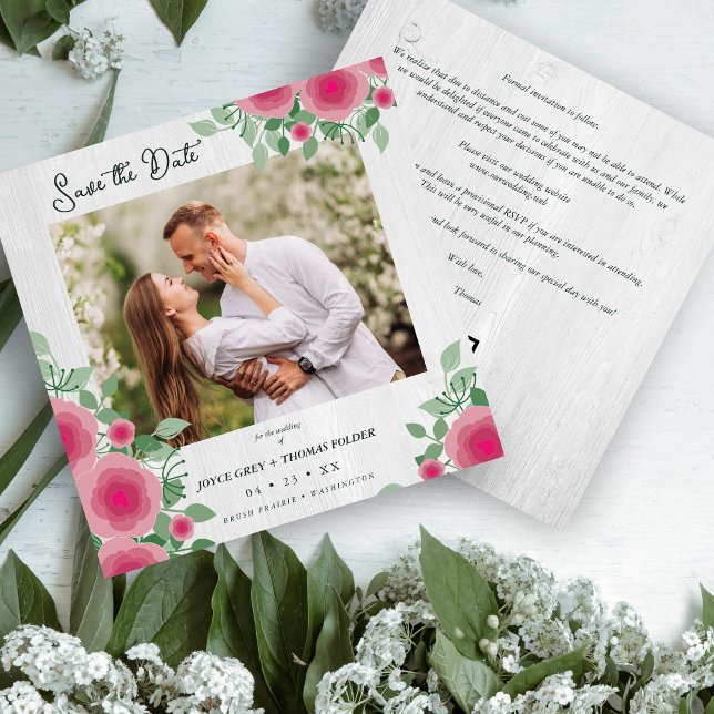 Reserve A Data White Wood Spring Blooming Pink Shades Wedding (White Wood Spring Blooming Pink Shades Wedding Photo Save the Date Card with Envelope.)