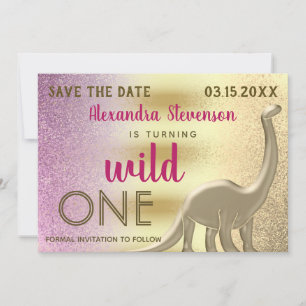 Reserve A Data Wild One Brilho Rosa & Dourado Dinossauro 1º Anive