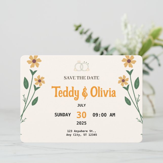 Reserve A Data Wildflower Wedding Save the Date Card  (Em pé/Frente)
