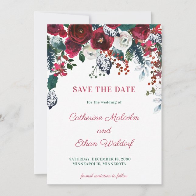 Reserve A Data Winter Berry Floral Photo Flat Save The Date Card (Frente)