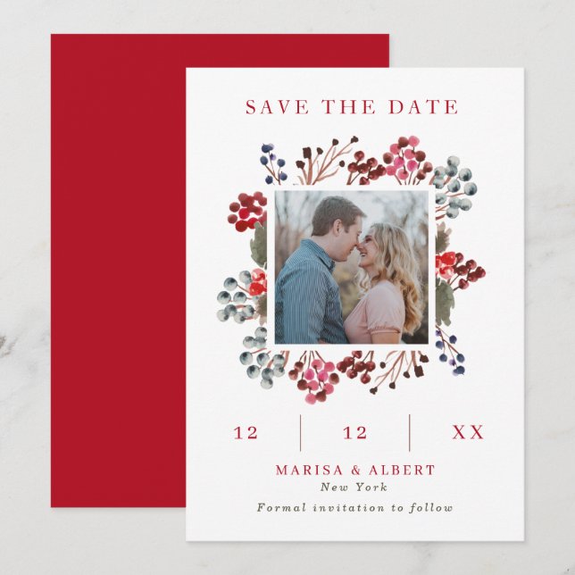 Reserve A Data Winter Berry Frame Wedding Photo Save The Date (Fo (Frente/Verso)