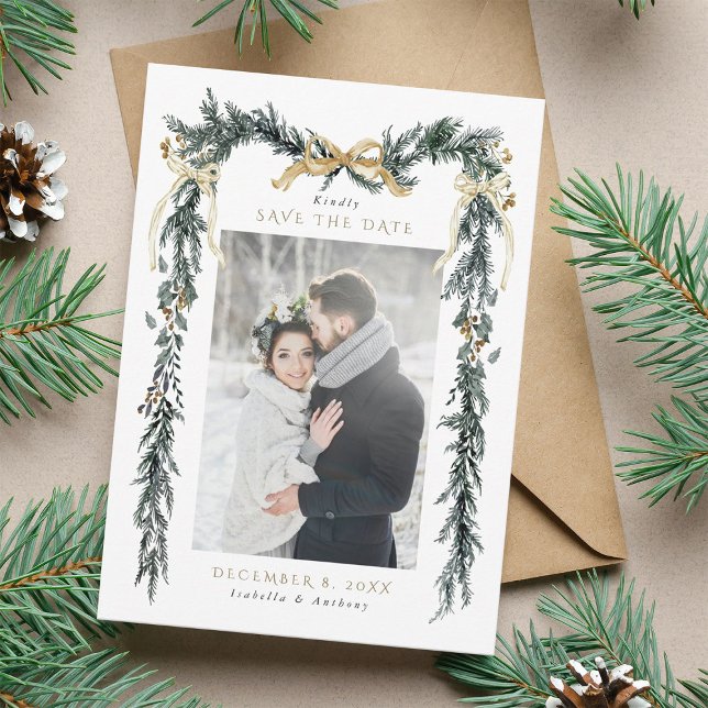 Reserve A Data Winter Greenery Garland Wedding Photo Gold & Green (Criador carregado)