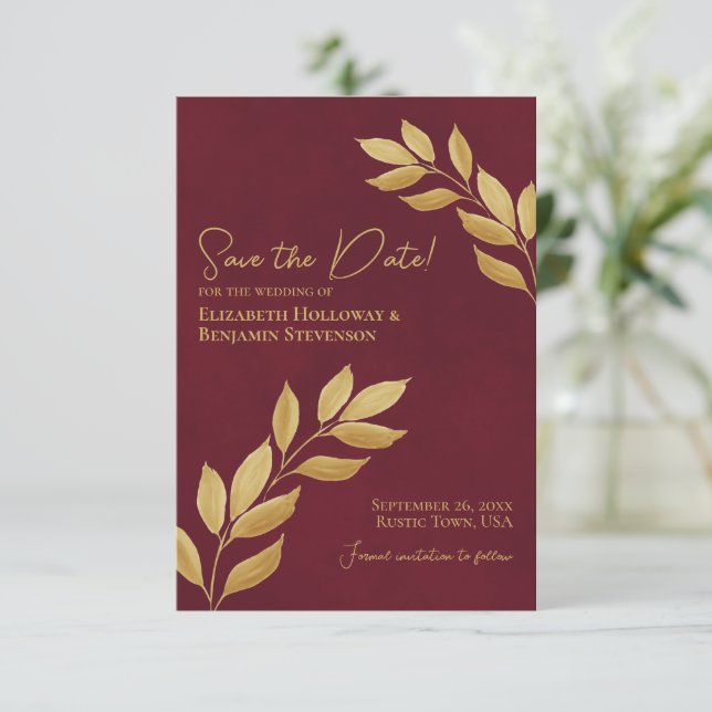 Reserve A Data Wistful Leaves Elegant Burgundy and Gold Wedding (Em pé/Frente)