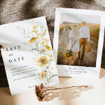 Reserve A Data Yellow Wildflower Sunflower Wedding Photo Back<br><div class="desc">A romantic yellow sunflower and wildflower photo save the date card featuring soft watercolor florals and an elegant botanical layout. The delicate golden yellow blooms frame a warm engagement photo beautifully, creating a timeless garden-inspired design. Perfect for sunflower weddings, wildflower themes, countryside venues, and romantic outdoor celebrations. The airy floral...</div>