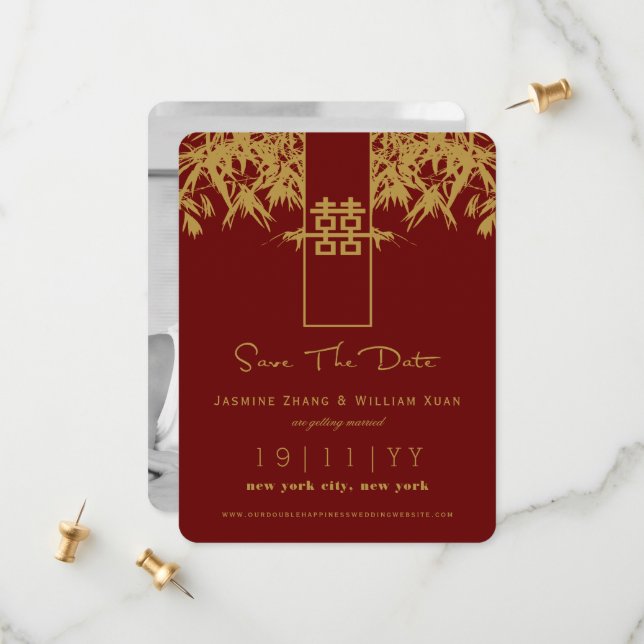 Reserve A Data Zen Bambu Dupla Felicidade Chinês Salvar a Data (Frente/Verso In Situ)