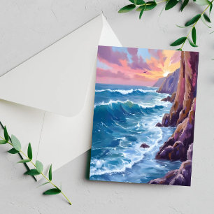 Respiração do Oceano Carta de Aquarela do Pôr do