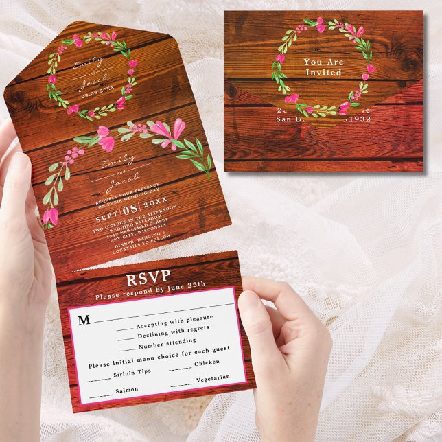Responda por favor em madeira rústica vermelha mar (Red Brown Rustic Wood Pink Floral Country Wed RSVP All In One Invitation)