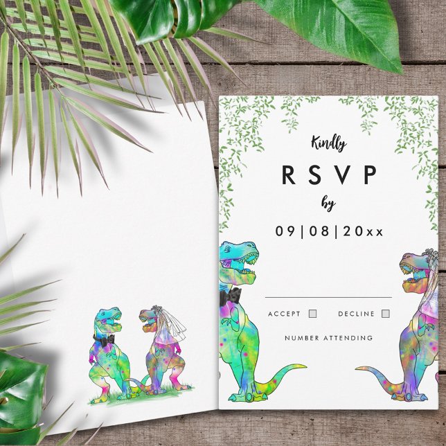 Resposta Colorida de Casamento Tema do Dinossauro (T-Rex bride and groom colorful dinosaur wedding invitation reply RSVP card)