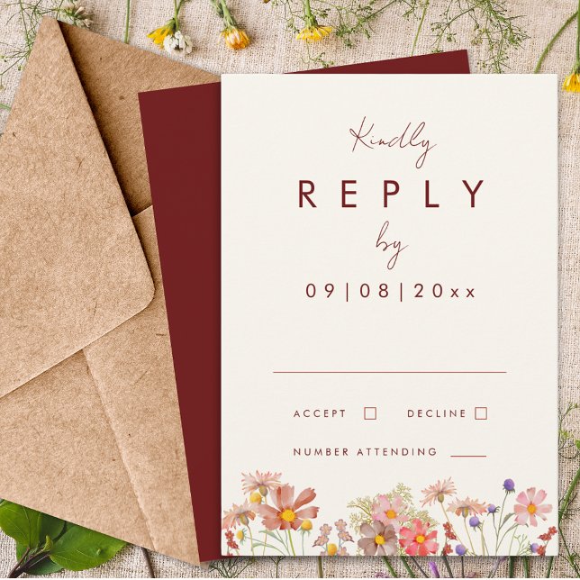 Resposta de Casamento Boho de Terracota de Flores  (Wildflower boho burgundy terracotta fall wedding reply enclosure card)