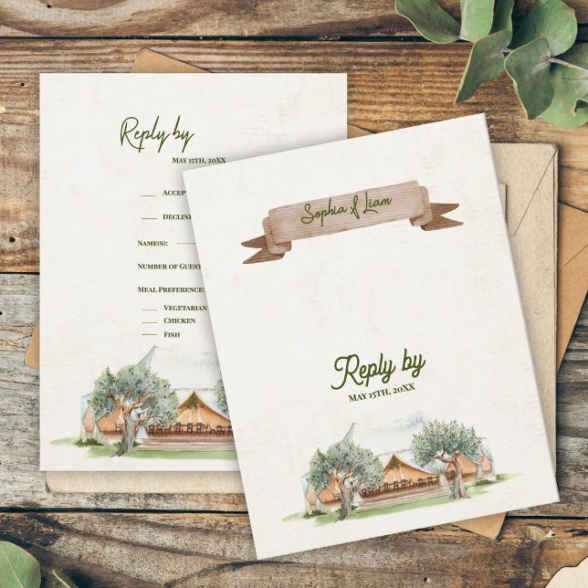 Resposta de Casamento de Acampamento em Tenda com  (Boho Outdoor Tent Wedding RSVP Card | Rustic Watercolor Camp Wedding Reply Card)