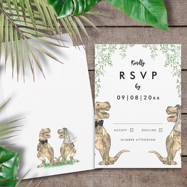 Resposta De Casamento De Dinossauro (T-Rex bride and groom dinosaur themed wedding invitation RSVP enclosure card)