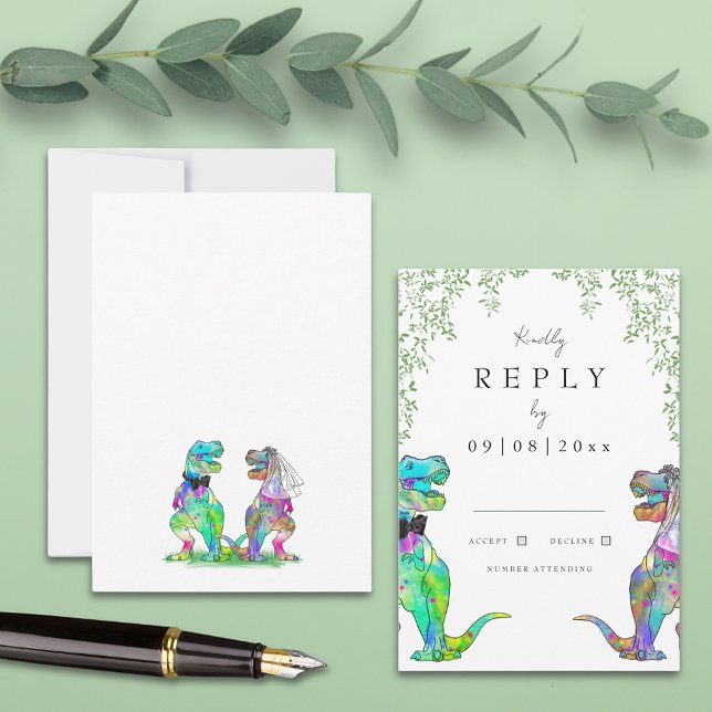 Resposta De Casamento De Dinossauro Botânico (Colorful dinosaur wedding invitation rsvp enclosure card with watercolor foliage )
