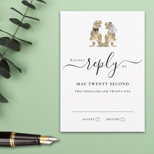 Resposta de Casamento do Tema Dinossauro (T-Rex bride and groom funny dinosaur wedding rsvp card with elegant modern script )