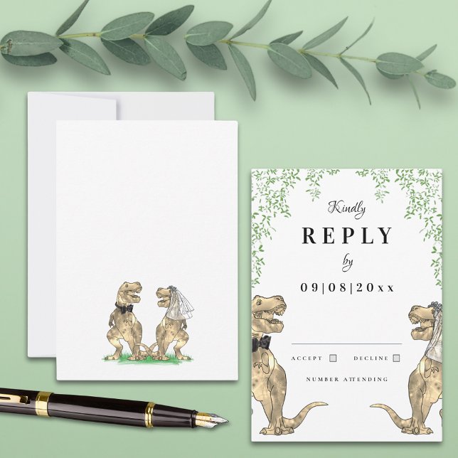 Resposta de Casamento do Tema Dinossauro (Botanical dinosaur theme wedding invitation reply with watercolor eucalyptus T-Rex bride and groom )