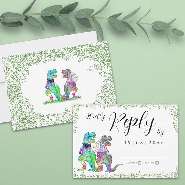 Resposta de Casamento do Tema Dinossauro (Colorful dinosaur wedding rsvp enclosure card with T-Rex bride and groom and watercolor eucalyptus )