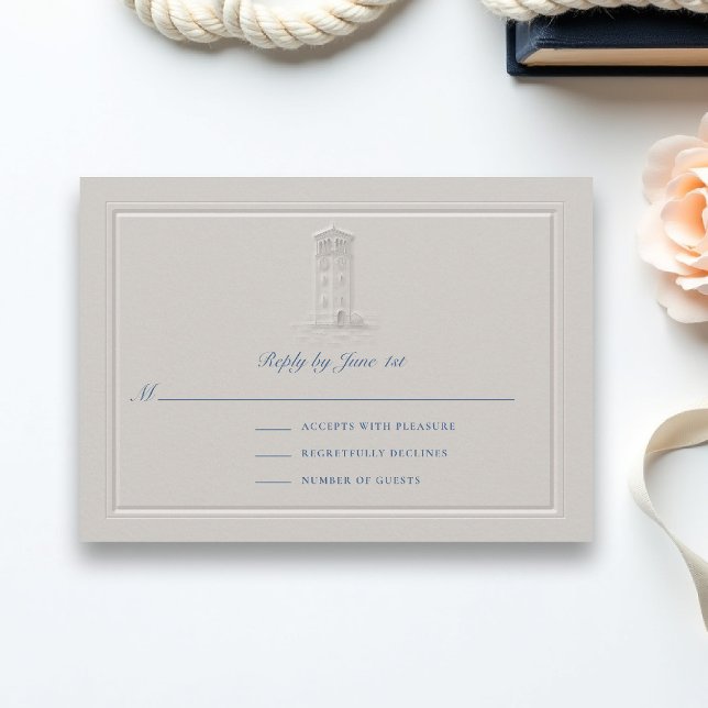 Resposta de Casamento Farol Náutico Costeiro Elega (coastal wedding rsvp lighthouse formal traditional double frame modern classic faux embossed)