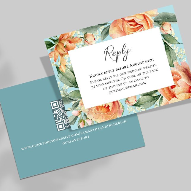 Resposta de Casamento Floral de Pessegueira de Aqu (Wedding RSVP reply card with elegant watercolor peach floral.)
