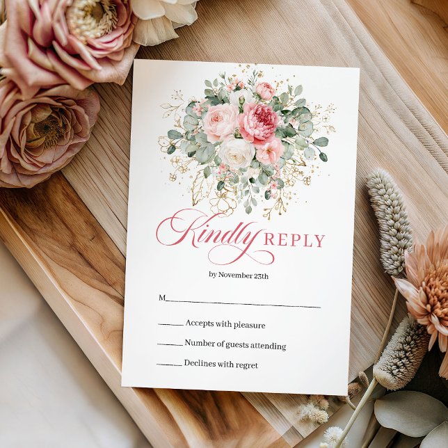 Resposta de Casamento Rosas Beije Eucalipto Dourad (Refined Blush Roses Eucalyptus Gold Wedding RSVP)