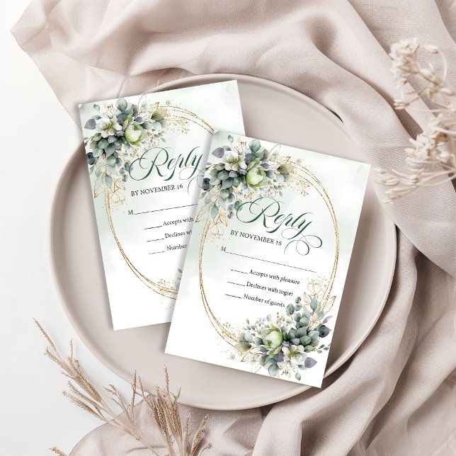 Resposta de casamento verde empoeirado botânico do (Dusty Green Botanical Green Gold Wedding Reply RSVP Card)