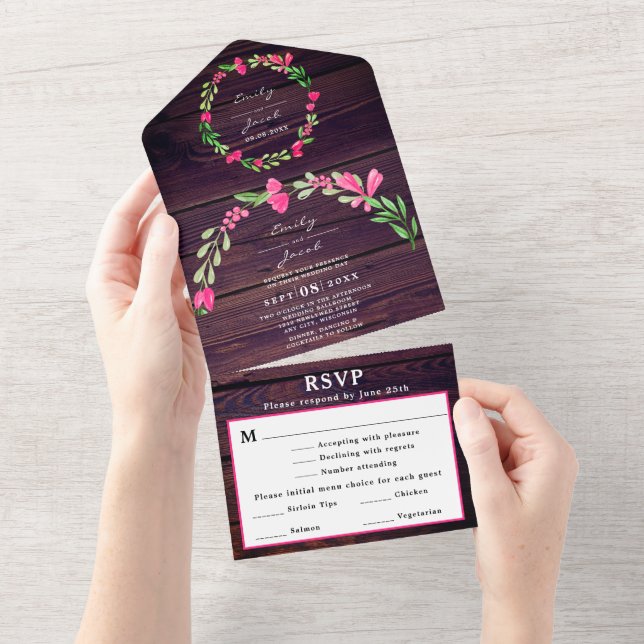 Resposta de Convite Rústico de Madeira Roxo Floral (Aba destacável)