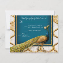 Resposta de RSVP azul pavão vintage e dourado eleg