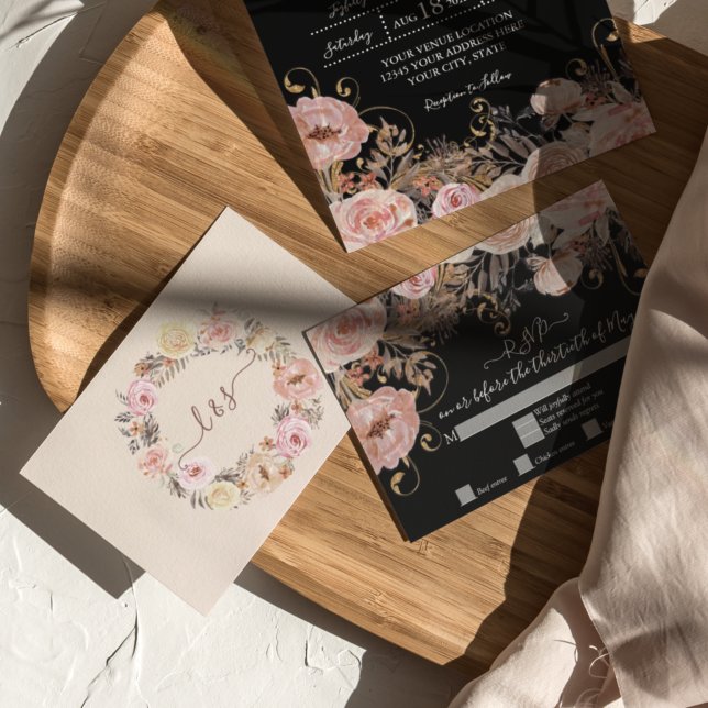 Resposta de RSVP Boho Preto Floral Rosa Dourado (Criador carregado)