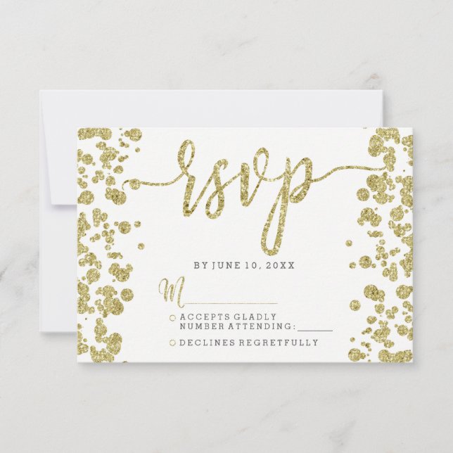Resposta de RSVP de Confetti Branco e Dourada (Frente)
