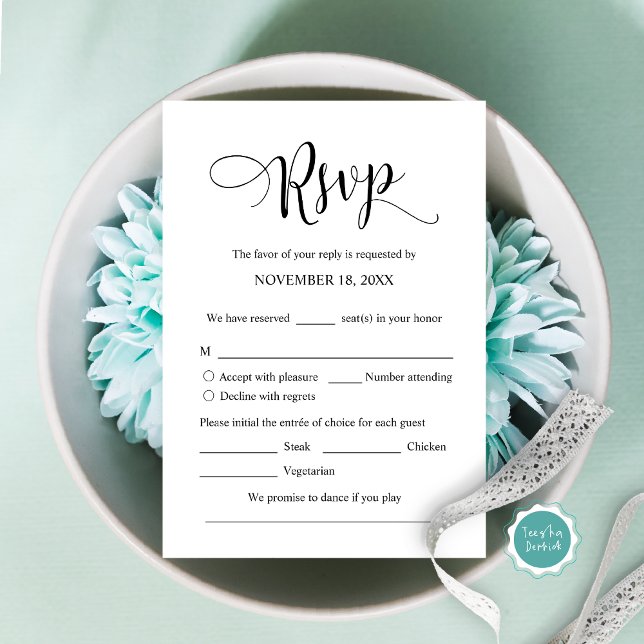 Resposta de RSVP de Convite de Casamento, Opções d (Modern Wedding Invitation RSVP card, with meal options, accept, decline, song request.)
