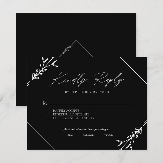 Resposta de RSVP de Menu de Casamento Preto e Bran (Frente/Verso)