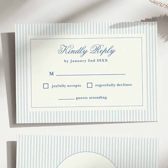 Resposta Formal de Azul Francês Listrado Préppy (classic blue stripes wedding RSVP card)