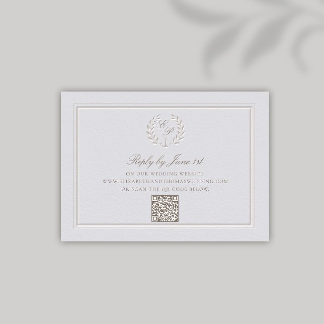 Resposta Formal QR de Casamento de Ancoragem Náuti (nautical wedding QR RSVP modern classic formal traditional faux embossed anchor crest monograms)