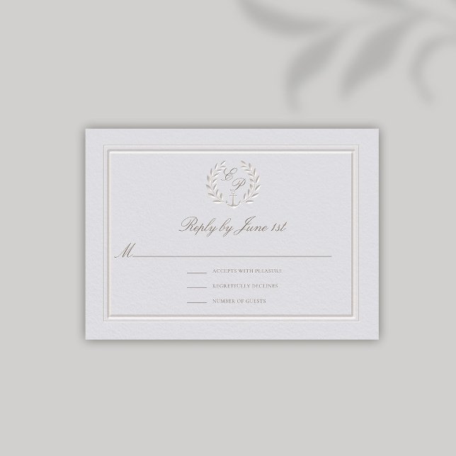 Resposta Náutica Náutica De Casamento Faux Embosse (nautical wedding RSVP modern classic formal traditional faux embossed anchor crest monograms)