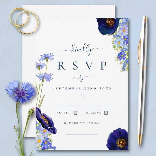 Resposta Negra Floral Azul Elegante (Elegant blue summer floral  watercolor wildflower wedding response rsvp card with modern typography )