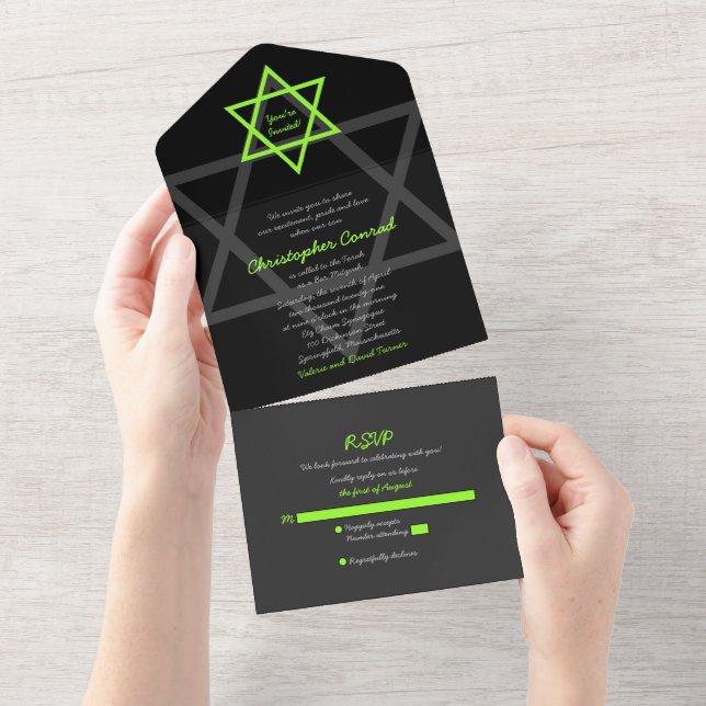Resposta para Bar Mitzvah Preto e Verde (Aba destacável)